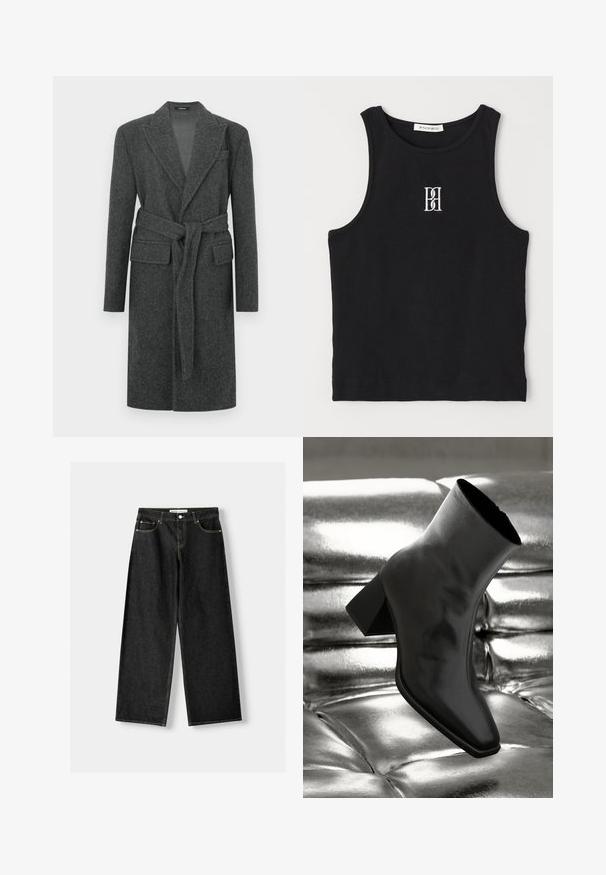 Gray wool coat with a belt, featuring a notched collar and two front pockets. The texture appears soft and slightly fuzzy.; Black ribbed tank top featuring a round neckline and embroidered logo in white. Fabric has a smooth texture with a fitted shape.; Black denim wide-leg jeans featuring five pockets, metal button and zipper closure, and contrasting yellow stitching along the seams.; Black ankle boot made of glossy material with a square toe and tapered heel, set against a shiny silver tufted background.