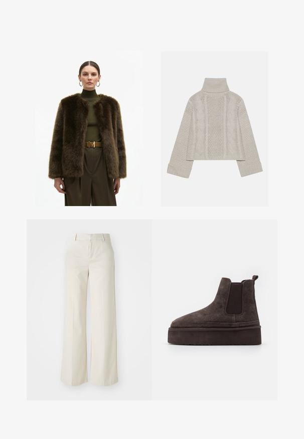 Hnědá umělá kožená bunda s cropped siluetou, kulatým výstřihem a jemnou texturou; kombinována se zeleným topem s vysokým límcem a hnědým páskem.; Zkrácený svetřík v světle šedé barvě z pleteniny s vysokým límcem a žebrovanými manžetami, se strukturovanými kabelovými vzory na zádech a bocích.; Kalhoty s širokými nohavicemi v jasně béžové barvě, vyrobené z hladkého materiálu. Mají klasický pas a plochý přední díl s čistými liniemi.; Hnědé semišové Chelsea boty s elastickými bočními panely a silnou, texturovanou platformovou podrážkou. Obsahují poutko na patě pro snadné obouvání.