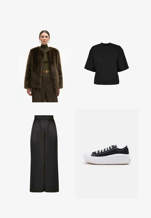 Brun fuskpälsjacka med en kortad silhuett, rund halsringning och mjuk textur; matchad med en grön höghalserad top och ett brunt bälte.; Svart cropped t-shirt i bomull. Har korta ärmar och rund halsringning. Slät yta med en enkel design, utan ytterligare mönster.; Svarta vida byxor i slät, glänsande tyg med resårmidja och utan synliga fickor eller hårdvarudetaljer.; Svarta kanvas sneakers med vita snören, vit gummitå och en kraftig vit mellansula. Har subtila vita sömmar och en gummisula.