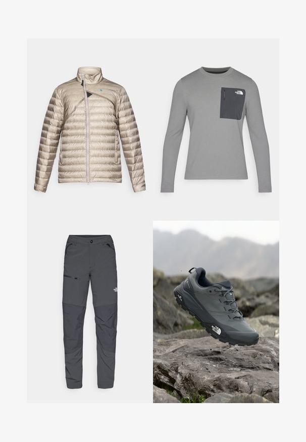 Lightweight padded jacket in beige with a high collar, front zipper, and diagonal black accent. Textured fabric with horizontal quilted pattern.; Long-sleeve gray shirt with textured fabric, featuring a dark gray chest pocket and a zip closure. Logo on pocket in white.; Gray outdoor pants with a smooth texture, featuring a zippered pocket on the side, reinforced knee sections, and a subtle logo detail.; Grey trail running shoe with a textured upper, durable rubber sole, and reinforced toe cap. Features laces and brand logo on the side.