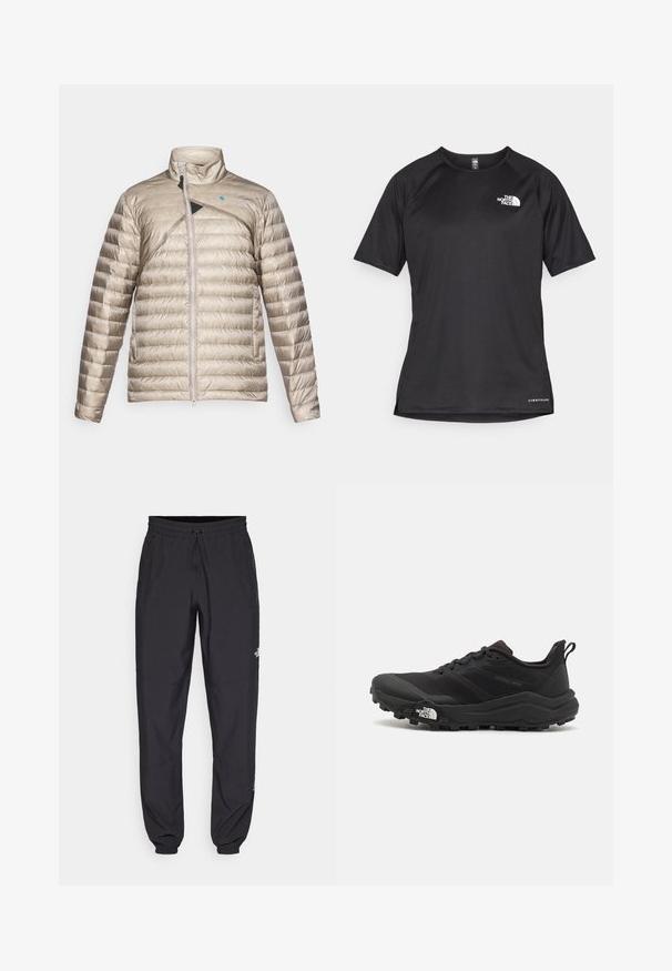 Giacca imbottita leggera beige con colletto alto, zip frontale e accentuazione diagonale nera. Tessuto testurizzato con motivo a righe orizzontali.; Maglietta sportiva nera a maniche corte con tessuto testurizzato, caratterizzata da un logo bianco sul lato sinistro del petto e orlo dritto.; Pantaloni sportivi neri realizzati in tessuto leggero, con vita regolabile con cordino, tasche laterali e orli affusolati alle caviglie.; Scarpa da trail running nera con tomaia texture, suola in gomma e punta rinforzata. Presenta un collare imbottito e un tassello per un indossamento facile.