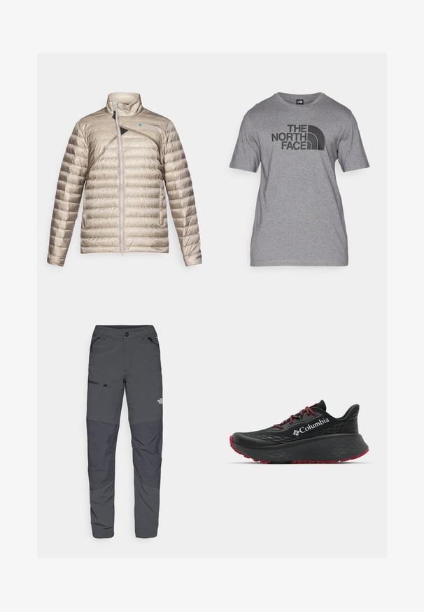 Leichte, gepolsterte Jacke in Beige mit hohem Kragen, Frontreißverschluss und schrägem schwarzen Akzent. Strukturierte Stoffoberfläche mit horizontalem Steppmuster.; Grau Short-Sleeve T-Shirt aus Baumwollmix, mit einem schwarzen Grafikdruck von "THE NORTH FACE" und einem geschwungenen Logo-Detail auf der Vorderseite.; Graue Outdoor-Hosen mit glatter Textur, ausgestattet mit einer seitlichen Reißverschlusstasche, verstärkten Kniepartien und einem dezenten Logo-Detail.; Schwarzer Sportschuh mit strukturiertem Obermaterial, roten Schnürsenkeln und Logo. Dicke Sohle mit strukturiertem Profil für Traktion. Minimalistisches Design, Seitenansicht.