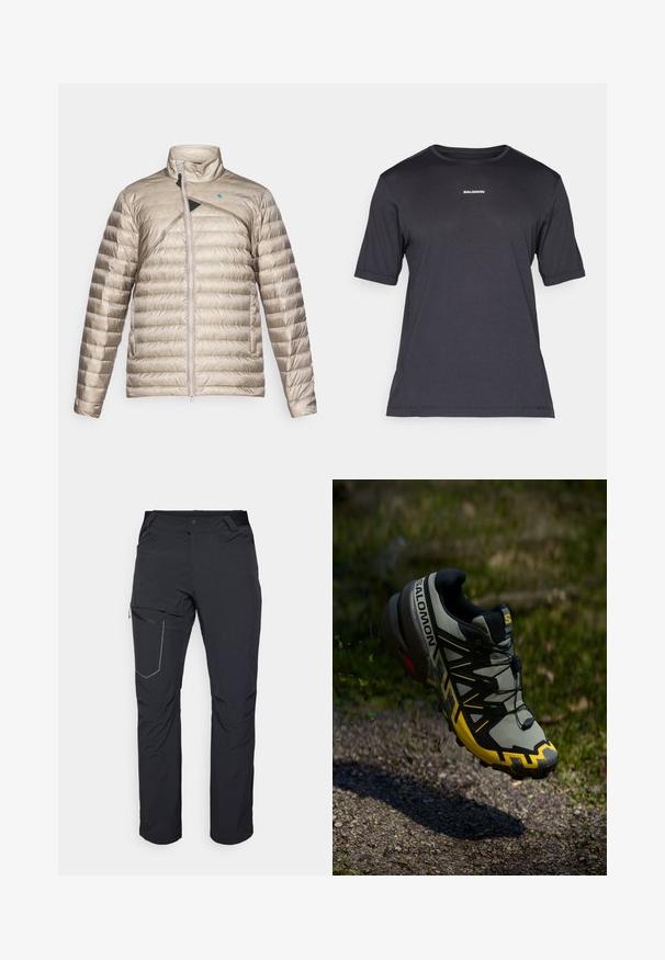 Lightweight padded jacket in beige with a high collar, front zipper, and diagonal black accent. Textured fabric with horizontal quilted pattern.; Black short-sleeve performance t-shirt made of breathable fabric, featuring a crew neckline and small white "SALOMON" logo on the chest.; Black outdoor pants featuring a zippered thigh pocket, elastic waistband, and smooth, water-resistant fabric. Clean design with no visible logos.; Salomon trail running shoe in muted gray with bright yellow accents. Features a textured sole, secure lacing system, and a cushioned collar.