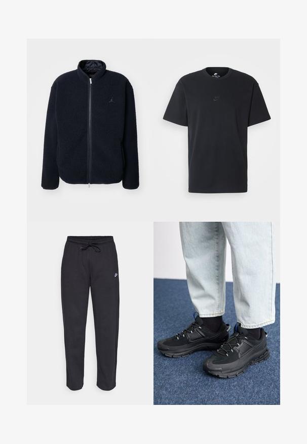 Jachetă din fleece navy cu guler înalt, închidere cu fermoar și detalii cu logo. Textură moale și mâneci lungi, potrivită pentru ținute casual.; Tricou din bumbac negru Nike, cu guler rotund clasic, mâneci scurte și un logo subtil embosat pe piept. Textură netedă.; Pantaloni de trening negri dintr-un material moale, cu talie elastică, șnur de ajustare și un mic logo Nike pe coapsa stângă.; Pantofi sport negri, cu țesătură texturată și tălpi din cauciuc, având șireturi elastice și un accent albastru pe toc. Purtați cu pantaloni din denim deschis.