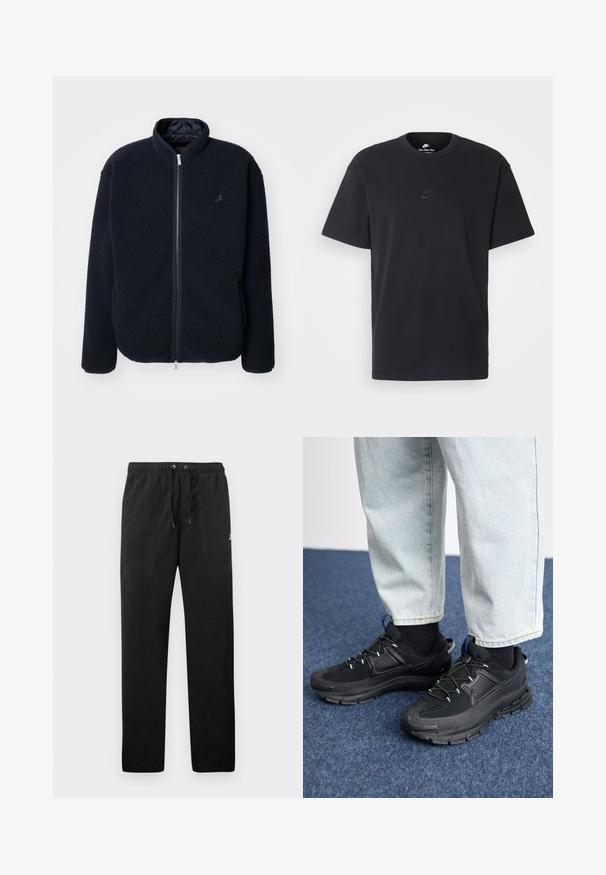Marineblå fleecejakke med høj krave, lynlås lukning og logo-detalje. Blød tekstur og lange ærmer, velegnet til casual brug.; Nike sort bomulds t-shirt med en klassisk rund hals, korte ærmer og et diskret, præget logo på brystet. Glat tekstur.; Sorte sweatpants lavet af fleece, med en elastisk talje med snore, to frontlommer og et lille logo på låret.; Sorte træningssko med tekstureret stof og gummisåler, udstyret med elastiske snørebånd og en blå detalje på hælen. Bæres med lyse denimbukser.