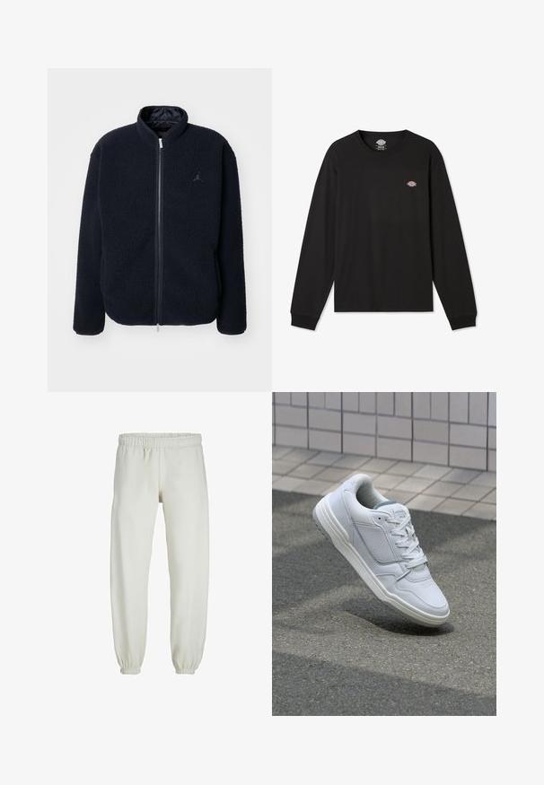 Marineblå fleecejakke med høj krave, lynlås lukning og logo-detalje. Blød tekstur og lange ærmer, velegnet til casual brug.; Sort langærmet T-shirt i bomuld med et lille flerfarvet Dickies-logo på venstre brystområde og ribbede manchetter.; Hvide sweatpants lavet af blødt stof, med elastisk talje og håndled, der har en glat tekstur og løs pasform.; Hvide lædersneakers med perforerede sider, teksturerede detaljer, flade snørebånd og en kontrasterende grå hæl. Har en let forhøjet sål.