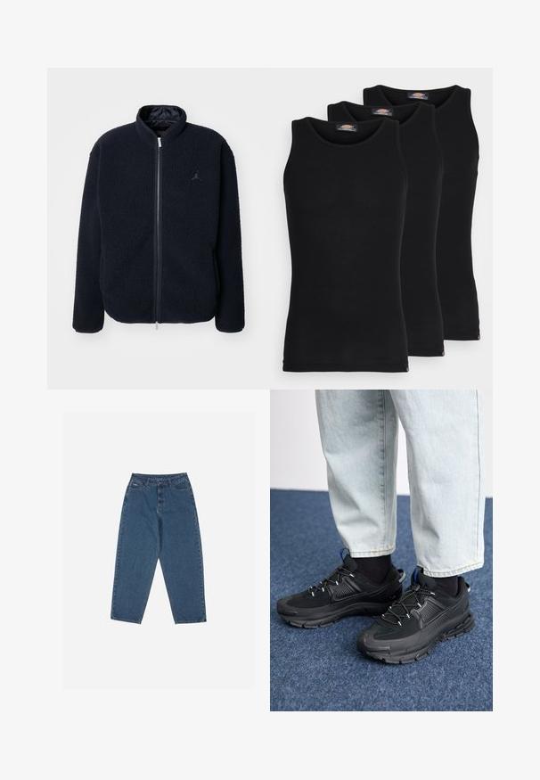 Giacca in pile blu scuro con colletto alto, chiusura con zip e dettagli del logo. Texture morbida e maniche lunghe, adatta per un abbigliamento casual.; Magliette senza maniche nere in confezione da tre. Texture a coste, scollatura a giro standard. L'orlo presenta un piccolo logo del brand nella parte inferiore.; Jeans in denim blu con una vestibilità rilassata, vita alta, design a cinque tasche e dettagli di cucitura. Caratterizzati da una chiusura con bottone e zip.; Scarpe sportive nere con tessuto testurizzato e suole in gomma, dotate di lacci elastici e un accento blu sul tallone. Indossate con pantaloni in denim chiaro.