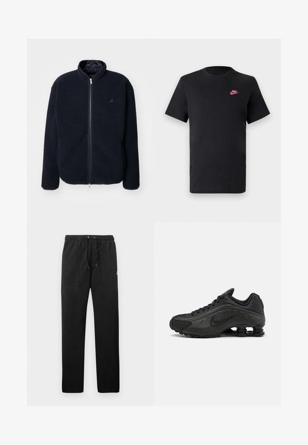 Marineblaue Fleecejacke mit hohem Kragen, Reißverschluss und Logodetail. Weiche Textur und lange Ärmel, geeignet für Freizeitkleidung.; Schwarzes Baumwoll-T-Shirt mit rundem Ausschnitt und kurzen Ärmeln. Mit einem pinken Nike-Logo auf der oberen linken Seite. Glatte Textur.; Schwarze Sweatpants aus Fleece, mit einem elastischen Bund mit Kordelzug, zwei Fronttaschen und einem kleinen Logo auf dem Oberschenkel.; Schwarze Laufschuhe mit einem glatten synthetischen Obermaterial, durchbrochenen Akzenten, strukturierten Seitenpaneelen und einer ausgeprägten federnden Sohle.