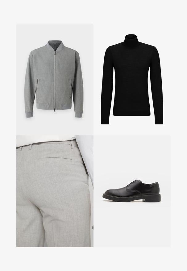 Szürke bomber dzseki textúrált anyagból, zipzárral, bordázott mandzsettákkal és oldalsó zsebekkel, amelyek zipzárral záródnak. Simaságú bélés.; Fekete garbó pulóver puha anyagból, hosszú ujjakkal és szoros fazonnal. Ribbed díszítés az alján és az ujjak végén. Egyszerű dizájn.; Világosszürke, texturált anyagból készült szabott nadrág, egyetlen hátsó zsebbel és tiszta varrással.; Fekete bőrcipő, kerek orrú, sima felületű, minimális varrással és alacsony gumitalppal. Logó a sarokrészen.