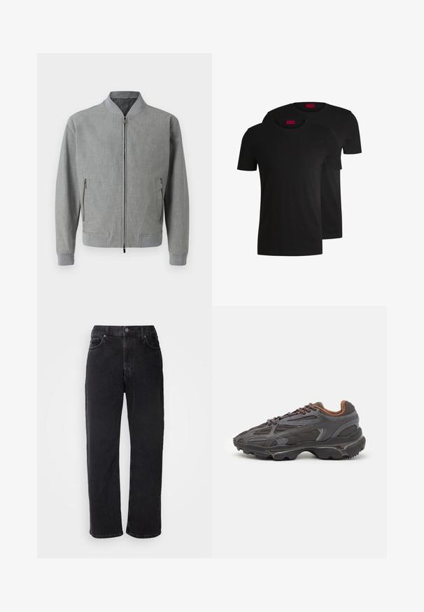 Halljast hall bomber-jakk, mis on valmistatud tekstureeritud kangast, millel on tõmblukuga sulgemine, näpitsvarrukad ja küljetaskud, millel on tõmblukud. Sile sisepind.; Kaks musta puuvillast lühikeste varrukatega t-särki, millel on ümmargune kaelus. Mõlemal on kaeluse juures punane brändimärk. Lihtne ja klassikaline disain.; Mustad teksad sirge lõikega, viie taskuga ja kontrastsete õmblustega. Omab nööpkinnitust ja vöölõikeid.; Tumed hallid Lacoste tossud, mis on valmistatud võrkkangast ja sünteetilisest materjalist, omavad tekstureeritud talla ning pruune aktsente kaeluse ja brändingu juures.