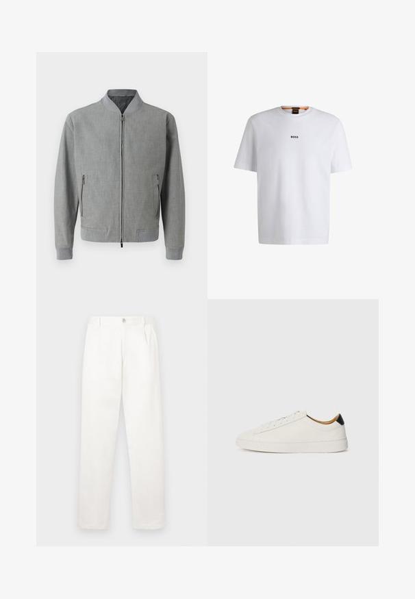 Gray bomber jacket made of textured fabric, featuring a zip closure, ribbed cuffs, and side pockets with zippers. Smooth interior lining.; White cotton T-shirt with short sleeves, featuring a black "BOSS" logo centered on the chest and a round neck design.; White trousers made from smooth fabric, featuring a straight leg design, front pleats, and a single button closure at the waist.; White sneaker with a smooth leather upper, round toe, and flat sole. Black accent at the heel, featuring tonal laces and minimal branding.