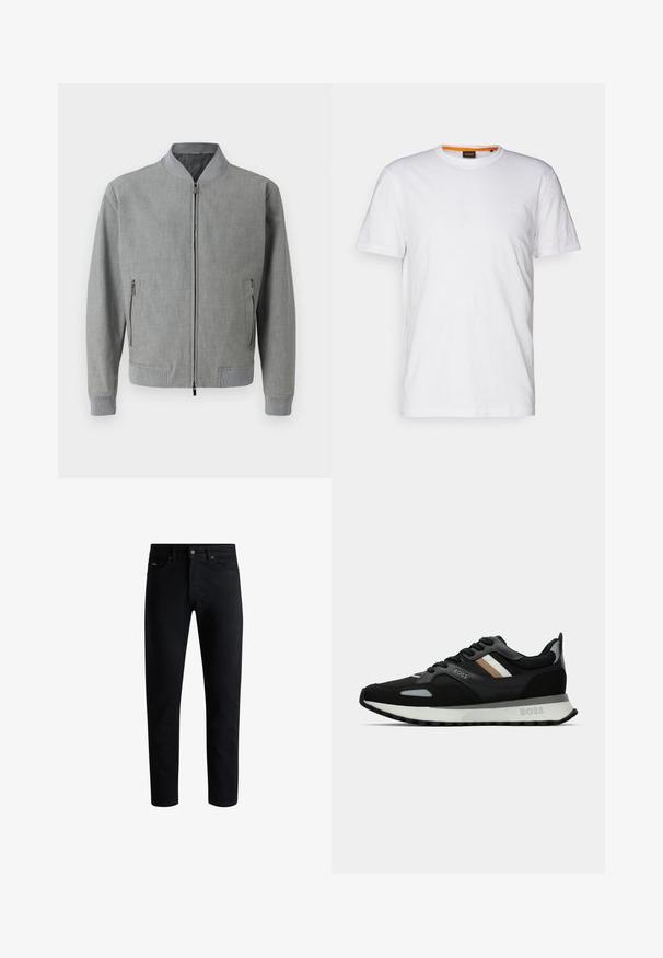 Gray bomber jacket made of textured fabric, featuring a zip closure, ribbed cuffs, and side pockets with zippers. Smooth interior lining.; White cotton T-shirt with a crew neck, short sleeves, and a subtle embossed logo on the chest. Interior tag has an orange accent.; Black slim-fit jeans with five pockets, button closure, and belt loops, displayed against a white background.; Black running shoe with a textured surface, light gray accents, and three horizontal stripes in brown. Features a white cushioned sole.