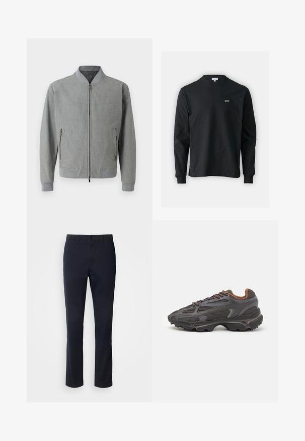 Halljast hall bomber-jakk, mis on valmistatud tekstureeritud kangast, millel on tõmblukuga sulgemine, näpitsvarrukad ja küljetaskud, millel on tõmblukud. Sile sisepind.; Must musta särk pikad varrukad, valmistatud puuvillast, ümar kaelus ja vasakul rinnal väike rohelise värvi tikandiga krokodillilogoga.; Sügavsinised püksid, mis on valmistatud siledast kangast, otse sääre disainiga, vöökonksudega ja nööbiga sulgemisega, millel on tõmblukk.; Tumed hallid Lacoste tossud, mis on valmistatud võrkkangast ja sünteetilisest materjalist, omavad tekstureeritud talla ning pruune aktsente kaeluse ja brändingu juures.