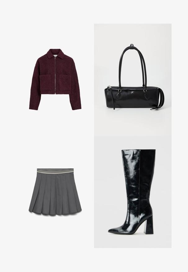 Burgunderfarbene, kurze Jacke aus plushigem, strukturiertem Material mit einem Kragen, Frontreißverschluss und zwei großen aufgesetzten Taschen.; Karierte Flanellhemd in Schwarz, Weiß und Grau. Mit Knopfverschluss, zwei Brusttaschen und langen Ärmeln mit geknöpften Manschetten.; Dunkelgrauer plissierter Rock mit einem gestreiften elastischen Bund in hellen und dunklen Farbtönen, flach auf einem weißen Hintergrund ausgelegt.; Schwarze kniehohe Stiefel aus glänzendem Leder, mit spitzem Zehen und einem klobigen, geometrischen Absatz mit glatter Textur.; Schwarze Ledertasche mit rechteckiger Form, glatter Textur, zwei Griffen, Reißverschluss und einem kleinen Logo auf der Vorderseite.