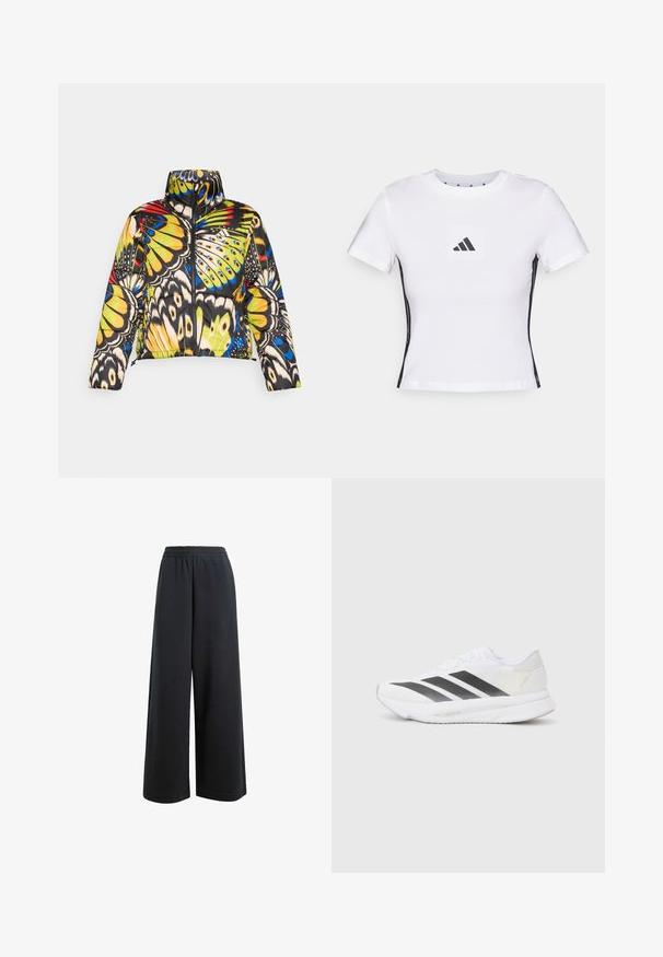 Padded jakna s visokim ovratnikom, s raskošnim uzorkom leptira u žutoj, plavoj i crnoj boji. Zatvaranje na zip i skraćeni dizajn.; Bijela majica kratkih rukava izrađena od pamuka, s crnim Adidas logom u kvadratnom ušivanju i crnim bočnim akcentskim detaljima. Klasičan okrugli izrez.; Crne široke hlače ravnog kroja s elastičnim pojasom, izrađene od glatkog tkanja. Imaju opušteni kroj bez vidljivih džepova ili uzoraka.; Bijela atletska cipela s crnim dijagonalnim trakama, mrežastim gornjim dijelom, zaobljenim prstom i teksturiranim potplatom. Akcenti uključuju srebrnu petu i minimalistički dizajn.