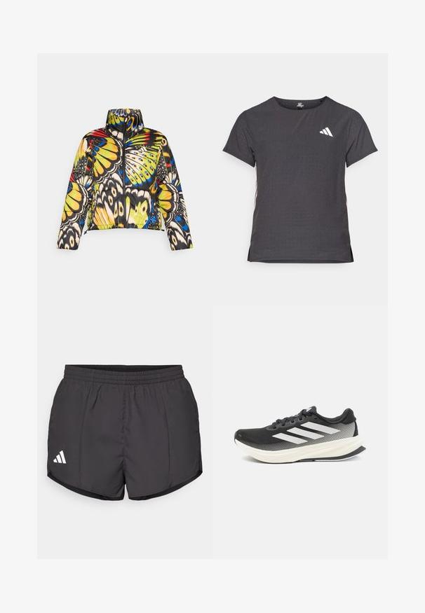 Vadderad jacka med hög krage, prydd med ett färgglatt fjärilsmönster i gult, blått och svart. Dragkedjestängning och kort design.; Kortärmad atletisk t-shirt, mörkgrå med perforerad textur. Har en vit logotyp och kontrasterande sidostripes. Rundad halsringning.; Svarta idrottsshorts i lätt material, med elastisk midja och en vit Adidas-logotyp på nedre vänstra sidan.; Svart idrottssko med meshupp, vita accenter och en tjock vit mellansula. Utrustad med snörning och en låg profil.