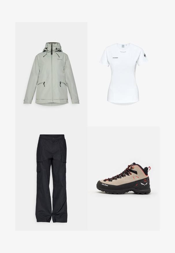 Lys grå vandtæt jakke med lynlås foran, justerbar hætte og to sidelommer. Har snoretræk og logo detalje.; Kortærmet hvid sportsshirt med rund hals, prydet med et logo på brystet og en glat, let stofstruktur.; Columbia BREA FALLS™ COTTON RIPSTOP PANT - Outdoorbukser - black; Herrehikingstøvler med en overdel i beige ruskind, sort gummisål, røde detaljer og snørebånd for en sikker pasform.