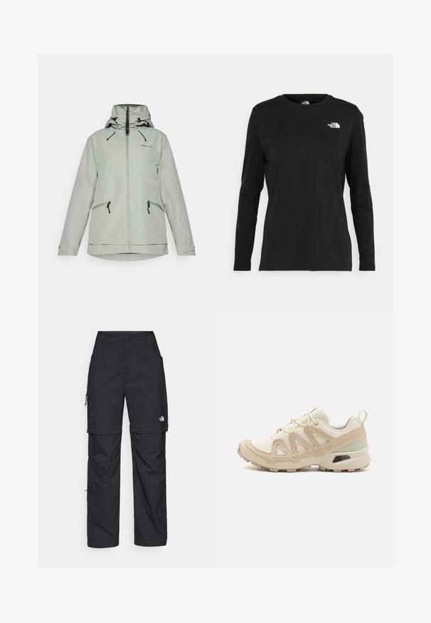 Lys grå vandtæt jakke med lynlås foran, justerbar hætte og to sidelommer. Har snoretræk og logo detalje.; Sort langærmet t-shirt lavet af bomuld med rund hals. Har et lille hvidt logo på venstre brystområde. Enkel design og pasform.; Sorte nylon cargo bukser med lynlås, justerbare manchetter, flere lommer og et logo på højre ben. Glat, let tekstur.; Beige og creme atletiksko med struktureret mesh-overdel, støttende overlays og gummiyderside med et mønster for trækkraft.