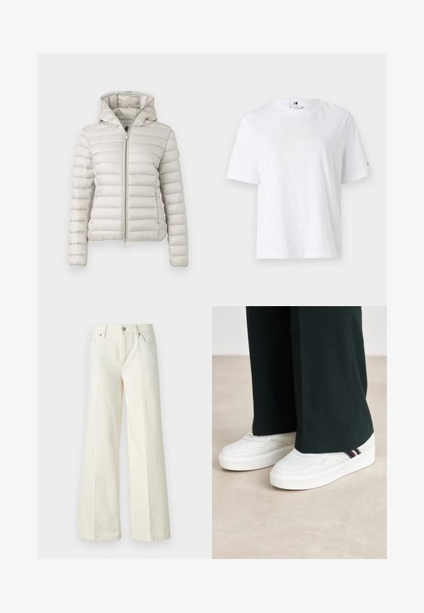 Svetlo siva puhovka z zadrgo spredaj, kapuco in quiltano teksturo. Ima tesno prileganje in elastične manšete.; Bela bombažna majica s krojem, kratkimi rokavi in subtilnim rumenim logotipom z napisom "HILFIGER NEW YORK 1985." Standardna prileganje.; Široke bele kavbojke so narejene iz mešanice bombaža. Imajo zadrgo, pet žepov in šive vzdolž šivov.; Bela športna obutev z teksturirano površino, z nizkim profilom, zaobljenim čevljem in črtastim poudarkom na strani. V kombinaciji s temnimi hlačami.