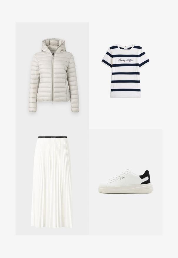 Svijetlosivi puffer sako s patentnim zatvaračem sprijeda, kapuljačom i kvadratnim teksturom. Ima uski kroj i elastične manžete.; Pamučna majica s horizontalnim tamnoplave pruge na bijeloj pozadini. "Tommy Hilfiger" izvezeno kurzivom na prsima. Okrugli izrez.; Nabrana bijela suknja s crnim elastičnim pojasom na kojem se nalazi logo "LACOSTE". Srednje dugačak dizajn s mekim teksturom.; Bijele kožne tenisice s debelim bijelim potplatom, crnim zamšastim akcentom na peti i ugraviranim logom sa strane. Dizajn s vezicama i šest rupa za vezivanje.