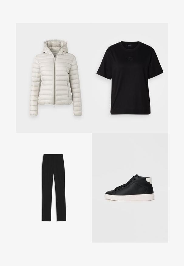 Hellgraue Steppjacke mit Reißverschluss vorne, Kapuze und gestepptem Design. Sie bietet eine eng anliegende Passform und elastische Bündchen.; Schwarzes Baumwoll-T-Shirt mit Rundhalsausschnitt, kurzen Ärmeln und aufgesticktem Logo auf der Brust. Einfacher, lässiger Schnitt ohne Muster.; Schwarze maßgeschneiderte Hose mit geradem Bein, ausgestattet mit Fronttaschen und einem glatten, strukturierten Stoff. Saubere, minimale Details.; Schwarze High-Top-Sneaker aus glattem Leder mit weißer Gummisohle, runden Schnürsenkeln, gepolstertem Kragen und kontrastierendem Fersenakzent.