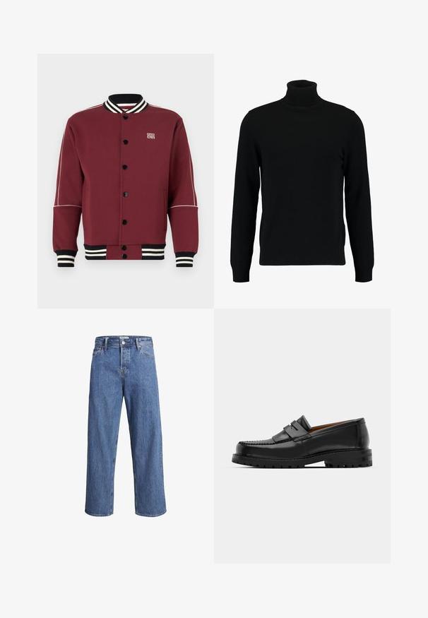 Veste de sport bordeaux en tissu doux, dotée d'un col et de poignets côtelés, de boutons noirs et de rayures blanches contrastantes sur les manches.; Un pull à col roulé noir en matière tricotée douce. Il possède des manches longues, un col et un ourlet côtelés. Son design est simple et épuré, sans motifs.; Jean en denim bleu clair avec une coupe droite, taille haute et des détails de couture minimes. Le tissu a une texture douce et légèrement délavée.; Des mocassins en cuir noir présentent une couture surélevée, deux sangles décoratives sur le dessus et une semelle épaisse et texturée pour une meilleure adhérence.