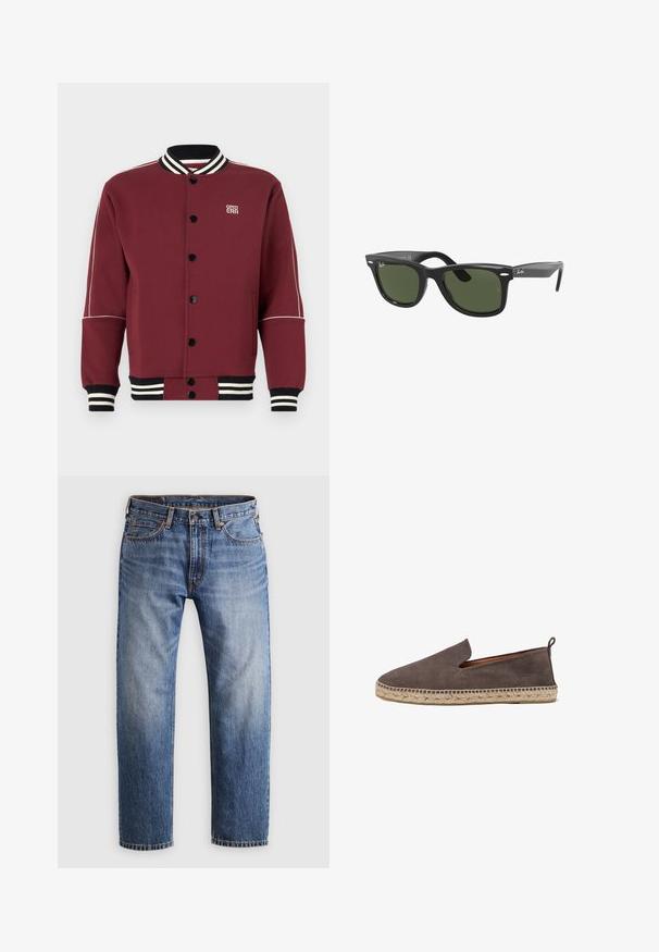 Giacca varsity bordeaux realizzata in morbido tessuto, con colletto e polsini a costine, bottoni neri e strisce bianche a contrasto sulle maniche.; Camicia bianca a maniche lunghe con bottoni in cotone. Presenta un colletto classico, polsini a bottone e un piccolo logo ricamato in blu navy sul petto.; Jeans in denim blu a gamba dritta con chiusura a bottone e cerniera, cinque tasche e cuciture arancioni su uno sfondo grigio chiaro.; Scarpa espadrilla slip-on in suede marrone con suola in corda di juta. Presenta un design minimalista e un taglio basso nella parte anteriore.; Ray-Ban RB2140F WAYFARER - Occhiali da sole - black green
