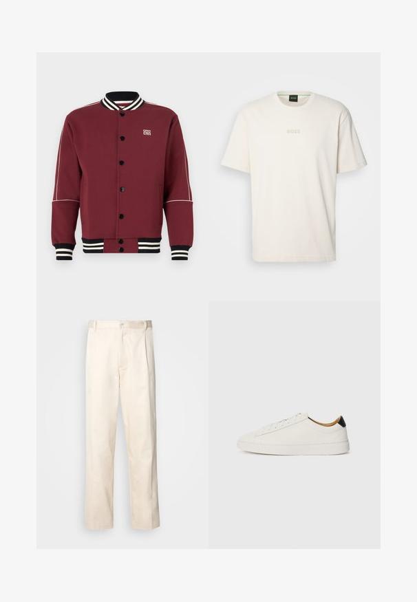 Jachetă varsity maron, confecționată dintr-un material moale, cu guler și manșete ribbate, nasturi negri și dungi albe contrastante pe mâneci.; BOSS TEE - Tricou basic - open white; Pantaloni din bumbac bej, cu croială dreaptă, dotati cu închidere cu nasture și pliuri în față pentru un plus de detaliu.; Sneaker alb cu un superior din piele netedă, vârf rotund și talpă plată. Accente negre la călcâi, cu șireturi tonale și un branding minim.