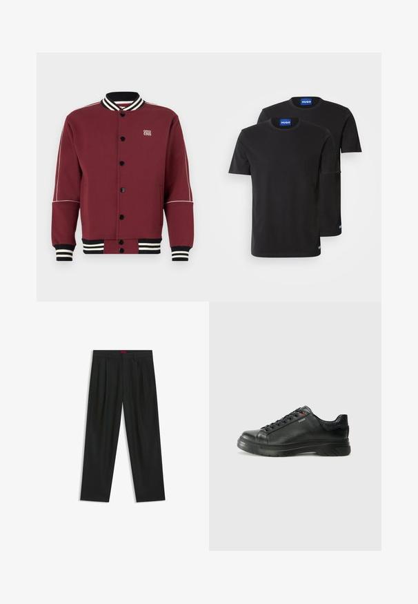 Bordeaux varsity jakke lavet af blødt stof, med ribbet krave og manchetter, sorte knapper og kontrasterende hvide striber på ærmerne.; To sorte bomulds T-shirts med rund halsudskæring, korte ærmer og blå "HUGO" mærker på kraverne og siden.; Sorte bukser med plisseret design, bred benform og en glat tekstur. Har et rødt taljetag.; Sorte lædersneakers med tekstureret overdel, polstret krave og rødt logo-detajle. Har en tyk gummisål med tydeligt mønster.