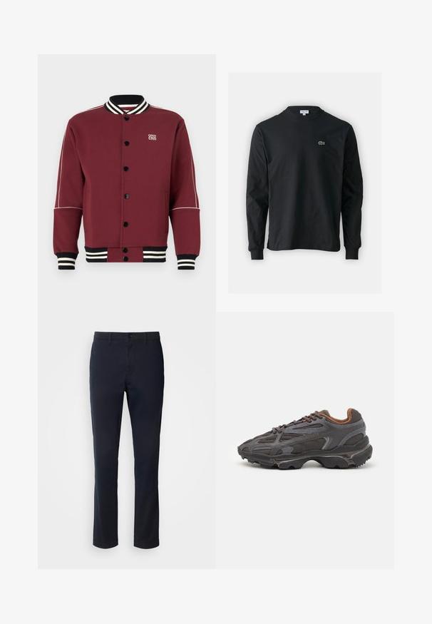 Bordeaux varsity jakke lavet af blødt stof, med ribbet krave og manchetter, sorte knapper og kontrasterende hvide striber på ærmerne.; Sort langærmet t-shirt lavet af bomuld, med rund halsudskæring og et lille grønt broderet krokodillelogo på venstre bryst.; Marineblå bukser lavet af glat stof, der har et lige ben-design, bælteløkker og en knaplukning med lynlås.; Lacoste sneakers i mørkegrå med mesh og syntetisk materiale, udstyret med en tekstureret sål og brune accenter på kraven og brandingen.