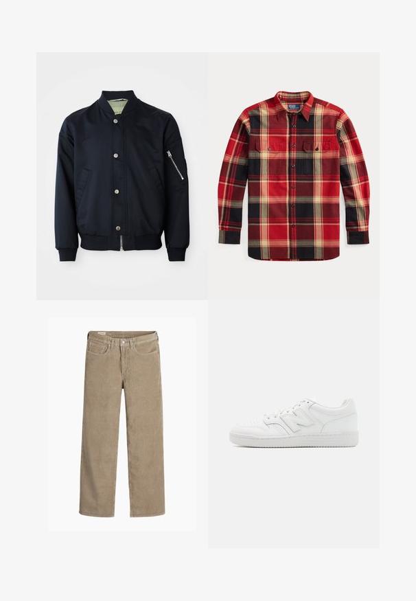 Jūrų aviacijos bomberis su spaudėmis sagomis, užtrauktuko kišene ant rankovės, raukšlėtu apykakle, rankovėmis ir hemu, priekine kišenėmis, ant balto fono.; Ilgas rankovėmis, su sagomis palaidinė su raudonu, juodu ir smėlio spalvos languotu raštu bei dviem krūtinės kišenėmis, išklota ant balto fono.; Šviesiai rudos spalvos kordūrinių kelnių platus kirpimas, su mygtuku ir užtrauktuku, penkiomis kišenėmis ir švelniu, raukšlėtu paviršiumi.; Balti sportbačiai, pagaminti iš lygaus odos, su perforuota nosimi, tekstūruotu guminiais padais, plokščiomis raištelėmis ir ryškiu 'N' logotipu šone.