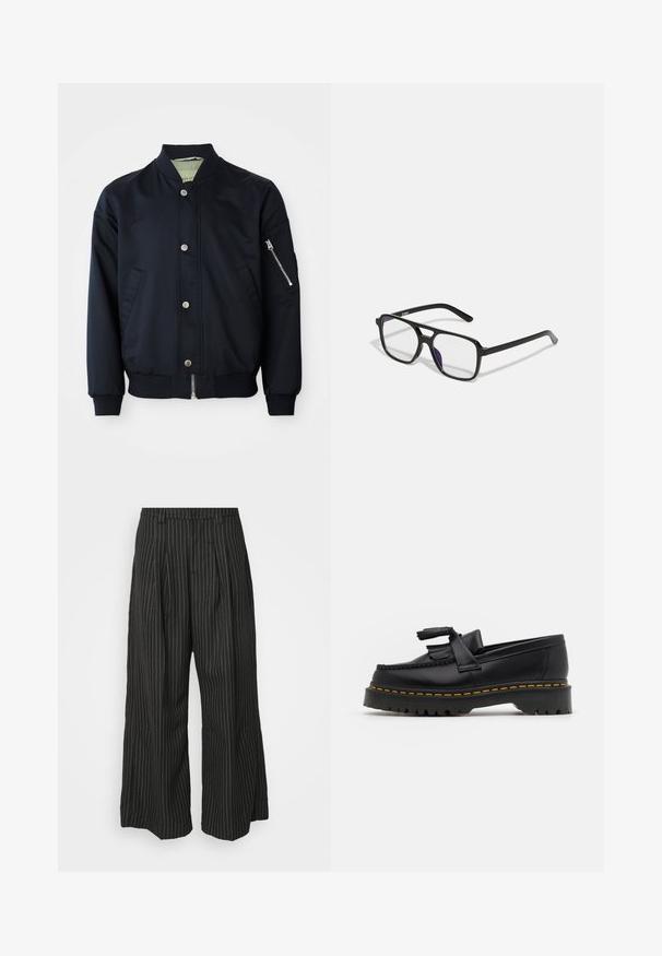 Námornícka bomber bunda s cvokovými gombíkmi, zipsom na rukáve, rebrovým golierom, manžetami a spodným lemem, predné vrecká na bielom pozadí.; Čierna dlhá rukávová henley košeľa vyrobená z mäkkého materiálu, so zapínaním na gombíky, okrúhlym výstrihom a prispôsobenými rukávmi.; Čierne široké nohavice s pásikmi a skladaním, s prispôsobeným strihom a jemnou textúrou. Bez viditeľného hardvéru alebo akcentov.; Čierne kožené loafre s detailom na strapcoch, s masívnou čiernou podrážkou a žltým prešitím pozdĺž okraja. S textúrovaným povrchom.; Čierne obdĺžnikové okuliare s priehľadnými šošovkami a jemným fialovým nádychom, s elegantnými ramienkami a minimalistickým dizajnom.
