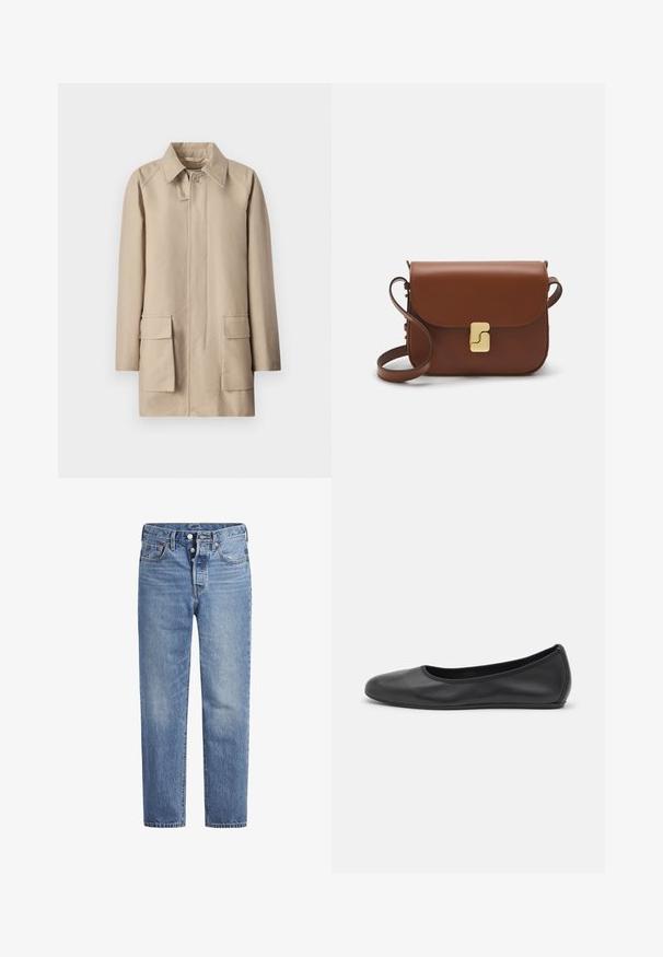 Filippa K PATCH POCKET JACKET - Halflange jas - khaki beig; Witte korte mouwen t-shirt van ribstof. Ronde halslijn, normale pasvorm en subtiele stiksels. Geen patronen of grafische elementen.; Lichtblauwe spijkerbroek met een rechte snit, vijf zakken en een knoopsluiting. Heeft subtiele vervaging en oranje stikselaccenten.; Zwarte leren ballerina met een ronde neus, gladde textuur, minimale stikdetails en een flexibele zoolontwerp.; Bruine leren handtas met een klep sluiting, gouden hardware, een schouderband en een gladde textuur. Compact rechthoekige vorm.