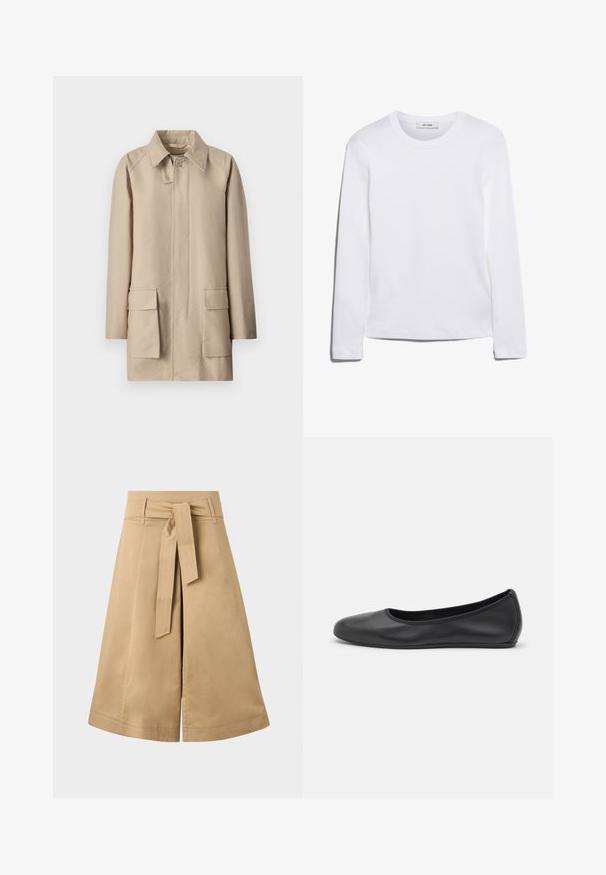 Filippa K PATCH POCKET JACKET - Short coat - khaki beig; Long-sleeve white T-shirt made of ribbed cotton, featuring a round neckline and a straight hem. Simple design with no patterns or accents.; Khaki midi wrap skirt with a tie belt, made of lightweight cotton, featuring a flared silhouette and visible stitching details.; Black leather ballet flat with a rounded toe, smooth texture, minimal stitching detail, and a flexible sole design.