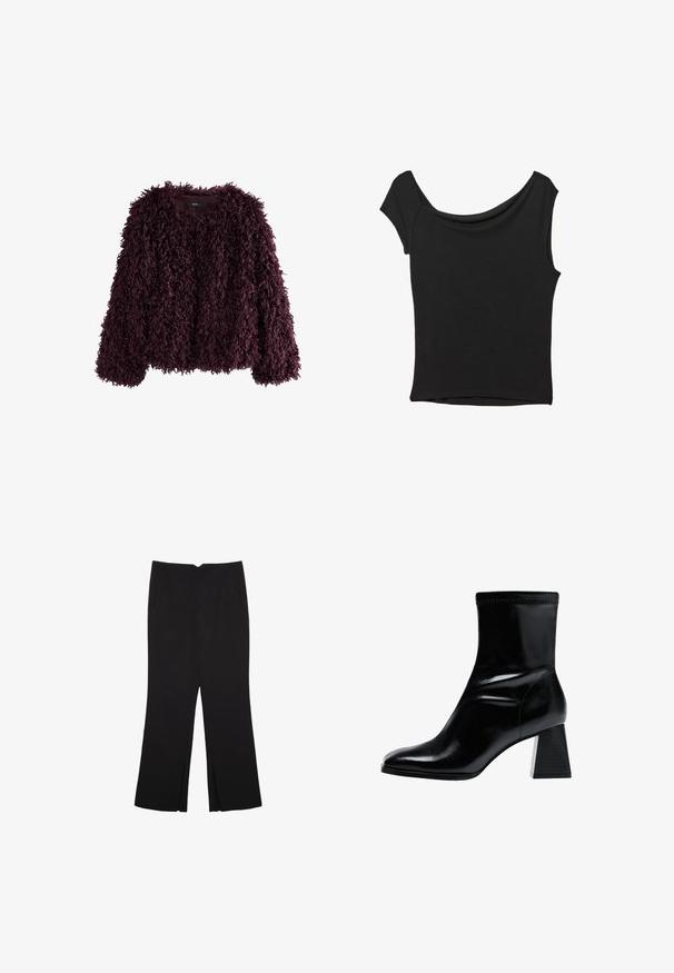Bordeauxfarbener Pelzmantel mit flauschiger Textur, lockerer Passform und langen Ärmeln. Verfügt über einen runden Ausschnitt und ein dezentes Etikett am Innenkragen.; Schwarzes Kurzarmoberteil aus glattem Stoff; hat einen drapierten Ausschnitt und einen asymmetrischen Saum, mit einem figurbetonten Körper.; Schwarze Hose mit geradem Schnitt, ausgestattet mit Fronttaschen und Seitenschlitzen am Saum. Hergestellt aus weichem, glattem Stoff. Geeignet für verschiedene Anlässe.; Schwarze Knöchelstiefel aus glattem Leder. Besitzen einen Blockabsatz mit einem strukturierten, gerippten Muster und einem schlanken, spitz zulaufenden Zehendesign.