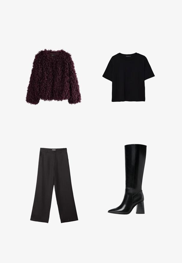 Bordeauxfarbener Pelzmantel mit flauschiger Textur, lockerer Passform und langen Ärmeln. Verfügt über einen runden Ausschnitt und ein dezentes Etikett am Innenkragen.; Schwarzes T-Shirt mit kurzen Ärmeln aus Baumwolle. Verfügt über einen runden Ausschnitt und einen lockeren Schnitt mit einer glatten, einfarbigen Textur. Keine sichtbaren Muster oder Akzente.; Schwarze weite Hosen aus glattem Stoff, mit einem Reißverschluss vorne und zwei seitlichen Taschen, maßgeschneiderter Passform und minimalistischem Design.; Knöchelhohe schwarze Lederstiefel mit spitzem Schuhkopf, glatter Textur und einem stabilen, profilierten Blockabsatz. Schlankes Design mit minimalen Akzenten.