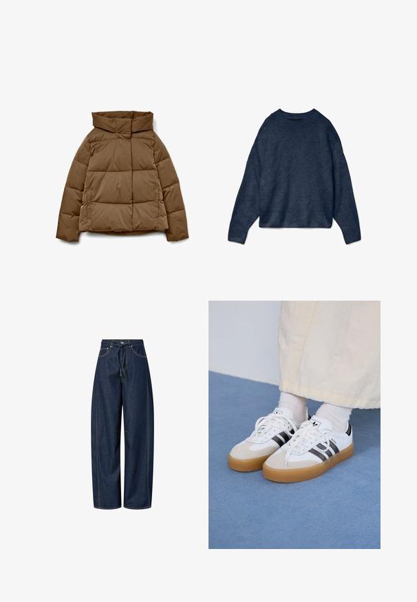 Chaqueta acolchada marrón con cuello alto, forma cuadrada, patrón acolchado horizontal y bolsillos laterales. Fabricada con una tela suave y duradera.; Suéter de cuello redondo azul marino con mangas largas y puños y dobladillo de canalé, hecho de suave tejido de punto.; Pantalones de mezclilla de pierna ancha en azul oscuro con cintura ajustable, costuras en contraste y dos bolsillos frontales. Textura suave, corte relajado.; Zapatillas blancas con rayas negras y acentos de ante beige. Cuentan con una suela de goma texturizada y cordones blancos planos, usadas con calcetines de color claro.