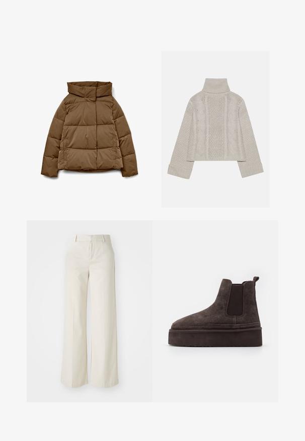 Bruine pufferjas met een hoge kraag, een vierkante vorm, horizontaal doorgestikt patroon en zijzakken. Gemaakt van een gladde, duurzame stof.; Korte, lichtgrijze gebreide trui met een hoge kraag en ribbelmanchetten, met gestructureerde kabelpatronen op de rug en zijkanten.; Brede broek in een lichte beige kleur, gemaakt van een gladde stof. Kenmerkt zich door een klassieke tailleband en een vlakke voorkant met strakke lijnen.; Bordeaux kleurige suède Chelsea boots met elastische zijpanelen en een dikke, gestructureerde platformzool. Voorzien van een trektab aan de hiel voor gemakkelijk aan- en uittrekken.