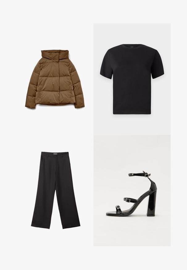 Braune Steppjacke mit hohem Kragen, kastiger Form, horizontalem Steppmuster und Seitentaschen. Hergestellt aus glattem, strapazierfähigem Stoff.; Schwarzes T-Shirt mit kurzen Ärmeln, Rundhals-Ausschnitt, aus weicher Baumwolle, glatte Textur, minimalistisches Design ohne Muster oder Akzente.; Schwarze weite Hosen aus glattem Stoff, mit einem Reißverschluss vorne und zwei seitlichen Taschen, maßgeschneiderter Passform und minimalistischem Design.; Schwarze patentierte Sandalen mit Absatz, quadratischer Spitze, Knöchelriemen und silbernen Schnallen. Mit einem stabilen Blockabsatz für mehr Stabilität.