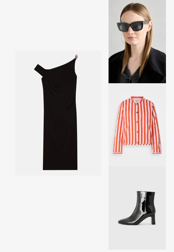 Quiltet jakke med vertikale røde og rosa striper, rund krage, knappelukking foran og sidelommer for økt funksjonalitet.; Svart en-skulder kjole laget av drapert stoff med en gyllen detalj på skulderen, glatt tekstur og kne-lengde design.; Sorte patentlær ankle boot med spiss tå og en mellomhøy blokkhelt. Glatt tekstur og minimalistisk design.; Sorte katteøyne solbriller med mørke linser, tykke rammer og subtile detaljer. Båret med en svart frakk og grå topp, med langt, rett hår.