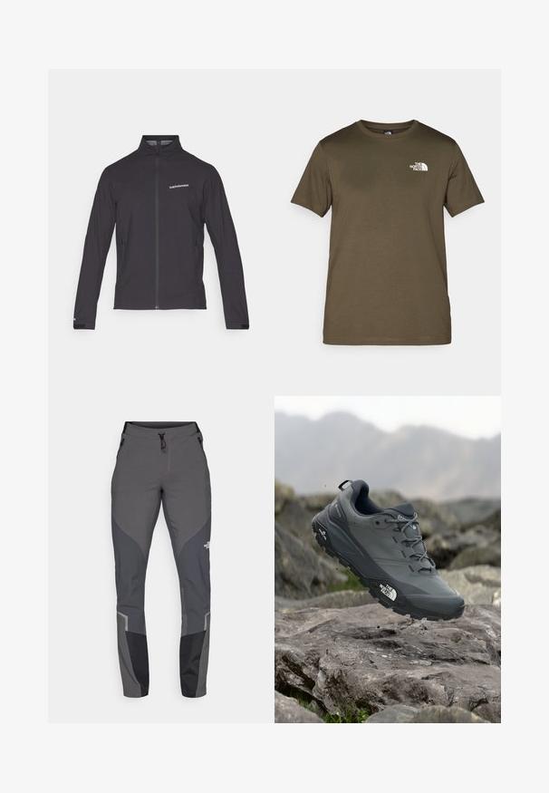 Svart lättviktsjacka med hög krage, hel dragkedja, fickor på sidorna med dragkedja och en logotyp på vänster bröst. Slät textur.; Olivgrön bomullströja med korta ärmar, rundad hals och en vit logotyp på vänster bröst. Slät tygtextur, normal passform.; Grå vandringsbyxor med en tapered design, flera fickor och kontrasterande mörkgrå och svarta accenter. Tillverkade av ett flexibelt och slitstarkt material.; Grå trail löparskor med en texturerad ovandel, hållbar gummisula och förstärkt tåparti. Har snören och logotyp på sidan.