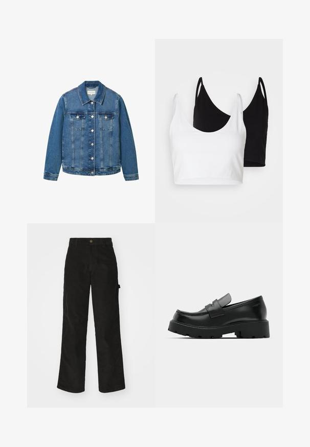 Hele sinine teksajakk klassikalise krae, esitaskute ja hõbedaste nupuga kinnise vahel. Omab kergelt kulunud tekstuuri.; Kaks puuvillast crop topi, valge ja must. Igal on sügav kaelus ja õhukesed õlapaelad, ning need on valmistatud siledast, pehmest materjalist.; Mustadest korduroopükstest sirge säärega mudel, millel on nööbi sulgemine ja külgtaskud. Sile tekstuur peenete vertikaalsete triipudega.; Mustad nahast loafers, millel on tükiline tekstureeritud tald, vampi kohal rihm ja sile, läikiv viimistlus.