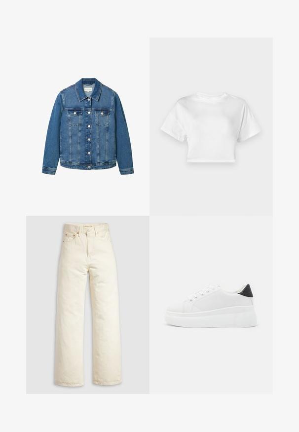 Vaaleansininen farkkutakki, jossa on klassinen kaulus, etutaskut ja hopeanväriset nappikiinnitykset. Sisältää hieman kuluneen tekstuurin.; Valkoinen lyhytnuttuinen t-paita, joka on valmistettu puuvillasta. Lyhyet hihat, pyöreä pääntie, sileä pinta, rento muotoilu ilman kuvioita tai koristeluja.; Off-white-väriset leveälahkeiset farkut, joissa on korkea vyötärö, kupariset niitit ja klassinen viiden taskun malli. Kankaan pinnassa on tekstuuria ja lahkeensuut ovat siististi viimeistellyt.; Valkoiset alustasneakerit, jotka on valmistettu sileästä synteettisestä materiaalista. Niissä on pyöreä kärki, nauhakiinnitys ja teksturoitu kumipohja. Musta kantakorko korostaa ilmettä.