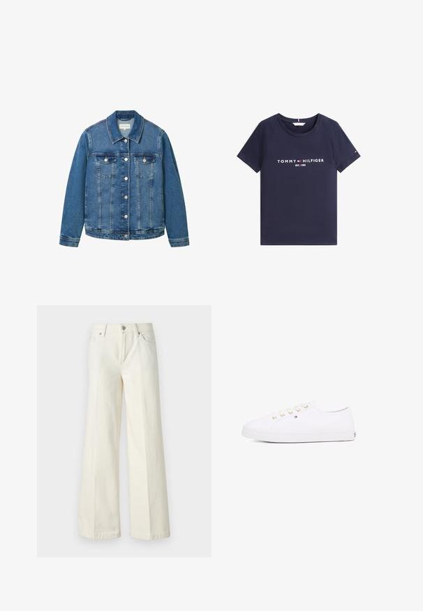 Denim jakna v svetloblu z klasičnim ovratnikom, sprednjimi žepi in srebrnimi gumbi. Ima rahlo obrabljeno teksturo.; Temno modra majica kratkih rokavov z okroglim izrezom in belim napisom ter logotipom "Tommy Hilfiger EST. 1985" spredaj.; Široke bele kavbojke so narejene iz mešanice bombaža. Imajo zadrgo, pet žepov in šive vzdolž šivov.; Bela platnena športna obutev z zlatimi očesci, ravnimi vezalkami, teksturiranim gumijastim podplatom in minimalnim blagovnim znakom ob strani. Nizka zasnova.