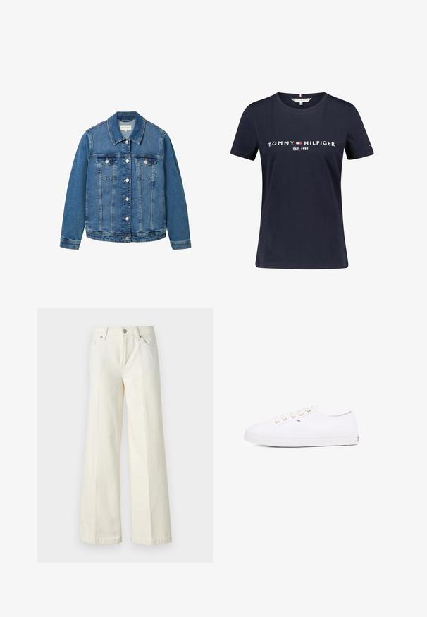 Denim jakna v svetloblu z klasičnim ovratnikom, sprednjimi žepi in srebrnimi gumbi. Ima rahlo obrabljeno teksturo.; Mornarsko modra bombažna majica s kratkimi rokavi, ki prikazuje bel napis "TOMMY HILFIGER EST. 1985". Vključuje majhen logotip na rokavu.; Široke bele kavbojke so narejene iz mešanice bombaža. Imajo zadrgo, pet žepov in šive vzdolž šivov.; Bela platnena športna obutev z zlatimi očesci, ravnimi vezalkami, teksturiranim gumijastim podplatom in minimalnim blagovnim znakom ob strani. Nizka zasnova.