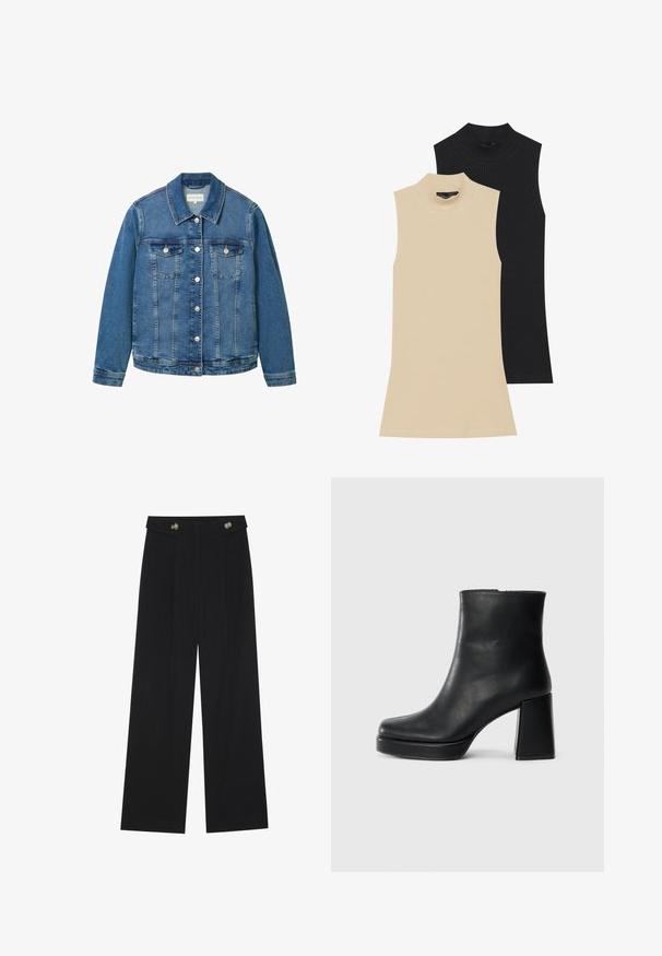 Džínová bunda světle modré barvy s klasickým límcem, předními kapsami a stříbrnými knoflíky. Obsahuje mírně opotřebovaný vzhled.; Dva bezrukávové pletené roláky: jeden béžový, druhý černý. Oba mají přiléhavý střih a vysoký límec s viditelnými švy.; Černé široké kalhoty s vysokým pasem, detailní knoflíky na pase a přední záhyby.; Černý kožený kotníkový bot s blokovým podpatkem a platformou, viděný z boku na jednoduchém bílém pozadí.