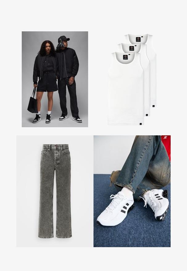 Duos figūros dėvi juodą sportinę aprangą: bomber tipo striukes, kapišonus, šortus ir sportinius batelius. Aksesuarai apima juodą rankinę ir raštuotą bandaną.; Trys balti, dryžuoti marškiniai be rankovių, pagaminti iš medvilnės. Yra apvalus kaklas ir maži juodi etiketės netoli siūlės. Siūlomi įvairių dydžių.; Plačios kojos džinsai iš išblukusios juodos džinsinio audinio, su mygtuko uždarymu, penkių kišenių dizainu ir kontrastingu siūlų siuvimu palei siūles.; Balti tinkliniai sportiniai bateliai su juodais akcentais, turintys tekstūruotą dizainą ir išskirtinį padas, derinami su mėlynais džinsais.
