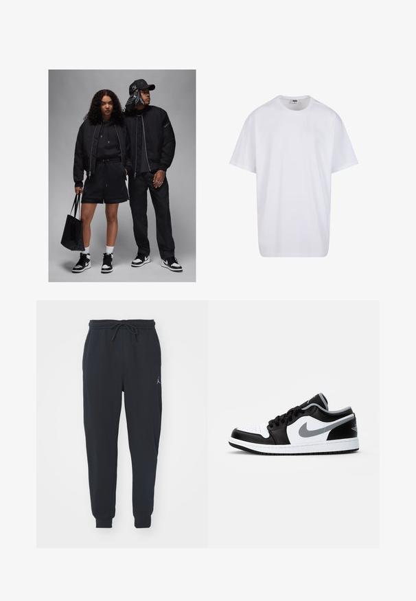 Duos figūros dėvi juodą sportinę aprangą: bomber tipo striukes, kapišonus, šortus ir sportinius batelius. Aksesuarai apima juodą rankinę ir raštuotą bandaną.; Balta medvilninė marškinėlių užsagėlė su trumpomis rankovėmis, apvaliu kaklu, laisva forma ir be matomų logotipų ar raštų. Lygi tekstūra ir minimalus dizainas.; Juodi sportiniai džinsai, pagaminti iš minkštos medžiagos, su elastingu juosmeniu ir raišteliu, su įsiūtomis rankovėmis ir mažu logotipu kairiajame šlaunyje.; Jordan AIR JORDAN 1 LOW - Sportbačiai - black/particle grey-white