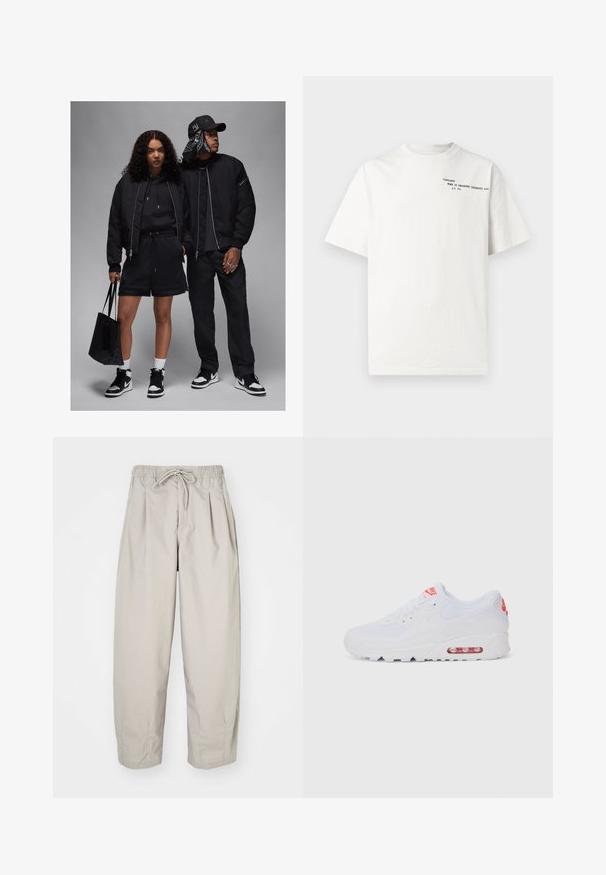 Divi figūras ir tērptas melnā sporta apģērba: bomber jakās, kapučsērfingā, šortos un sporta apavos. Aksesuāri ietver melnu somu un rakstainu bandanu.; Balts kokvilnas T-krekls ar īsām piedurknēm, apaļu kakla izgriezumu un melnu uzdrukātu tekstu uz krūtīm: "Carhartt Work in Progress 1989."; Beige, viegla auduma bikses ar elastīgu jostu un auklu. Iespējas - krokas un brīvs piegriezums, izgatavotas no mīksta, gluda auduma.; Baltas sporta apavi ar gludu augšdaļu, saitēm, mīkstu zoli un redzamu gaisa vienību ar sarkaniem akcentiem uz zīmola.