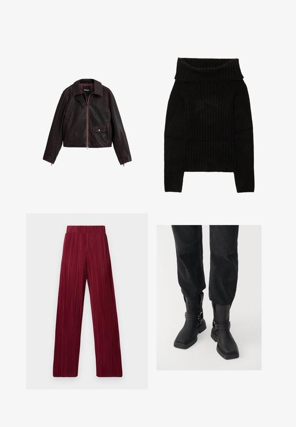 Fekete és bordó rövid bőrkabát, gallérral, elöl cipzárral és mellzsebbel, amely patentos részlettel rendelkezik.; Fekete kötött pulóver széles, hajtogatott nyakkal, bordázott textúrával és hosszú ujjal, valamint cropped fazonnal.; Burgundi pleated, széles szárú nadrág, rugalmas derékkal. A textúrált anyagon függőleges csíkok találhatók. Egyenes szabás a szegélynél.; Fekete bőr bokacsizmák négyzet alakú orral, széles pánttal és fém csattal. A csizmák vastag talppal és sima felülettel rendelkeznek.